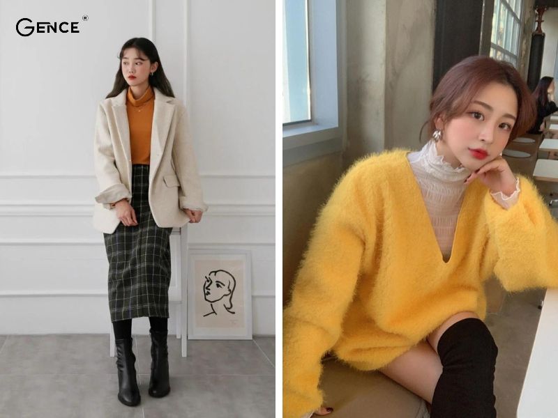 Cách phối đồ mùa đông cho nữ lùn với chân váy dạ và áo len