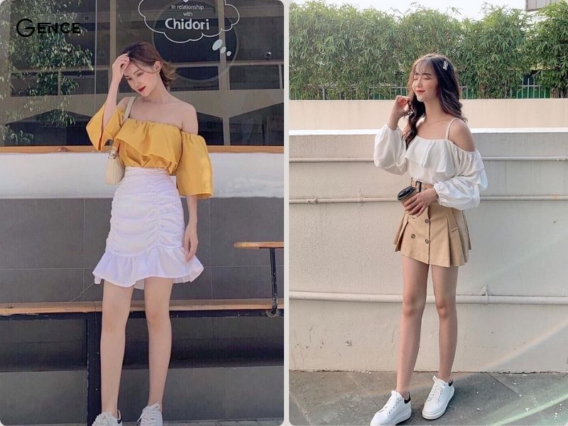 Diện outfit nữ tính cùng áo trễ vai và váy ngắn