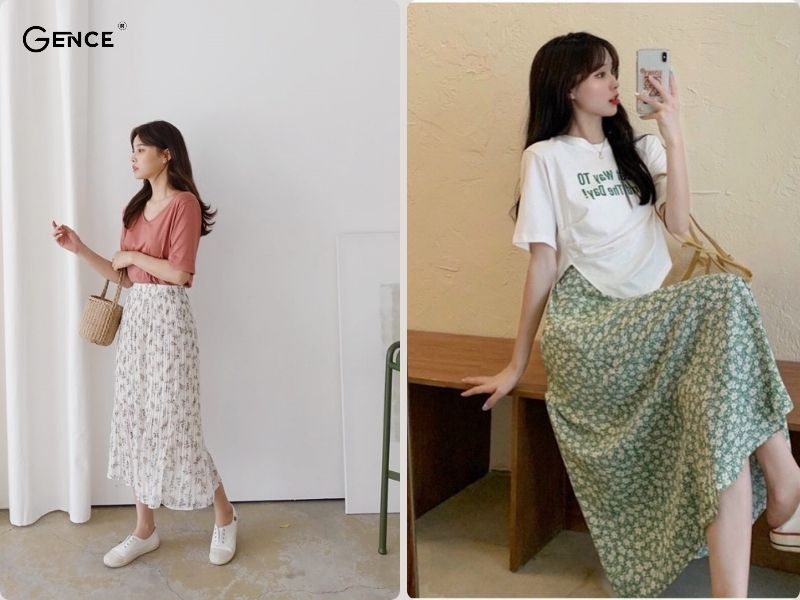 Phối áo thun cùng chân váy dài đi chơi thanh lịch