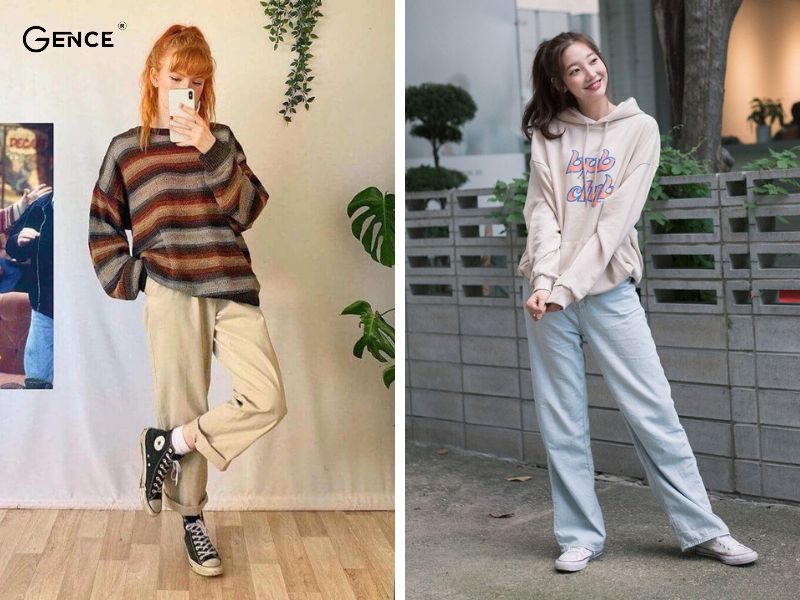 Áo sweater nữ phối cùng quần ống rộng thoải mái