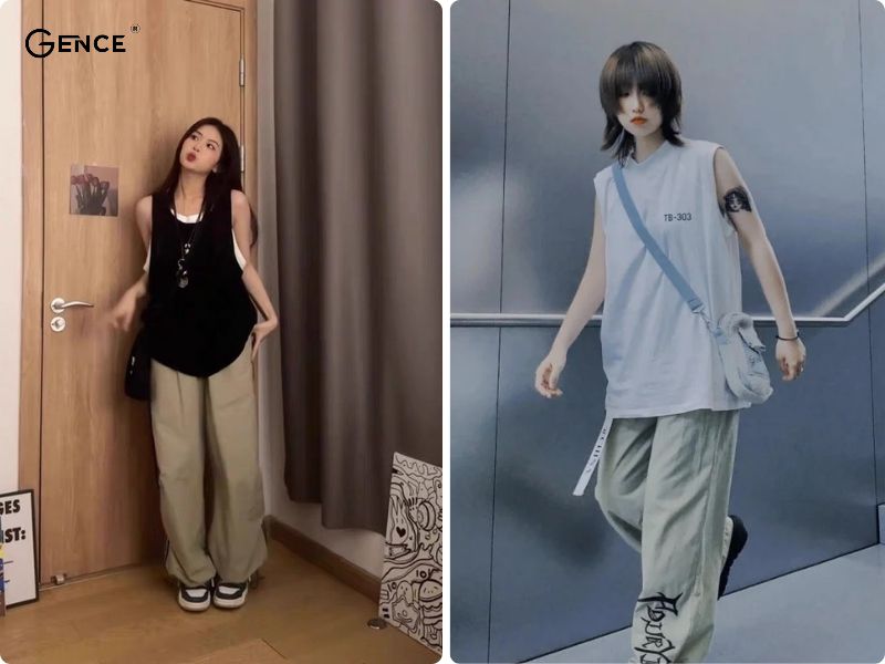 Phối áo tanktop cùng quần kaki ống thụng thoải mái