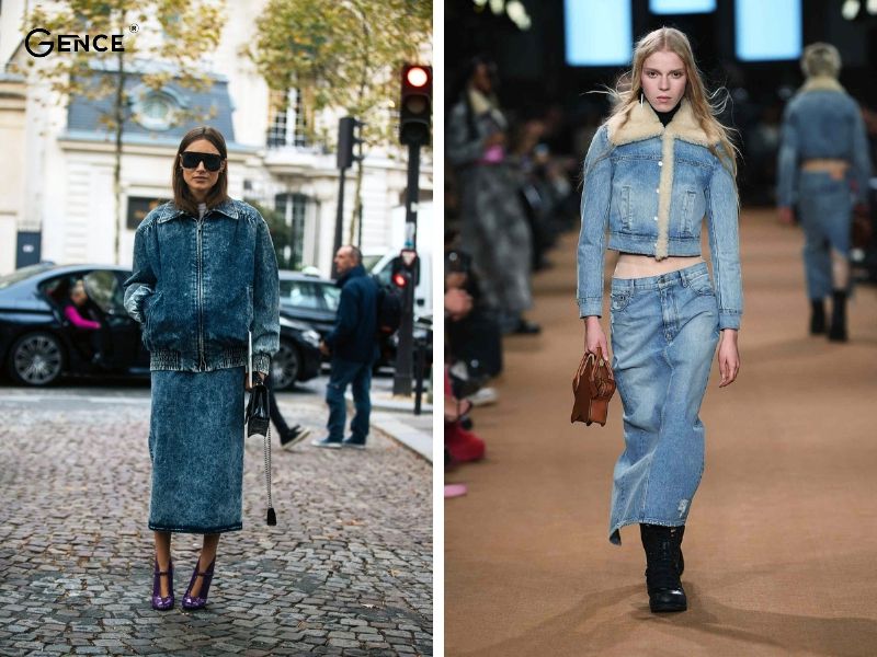 Cách phối đồ với chân váy bò dài cùng áo khoác denim