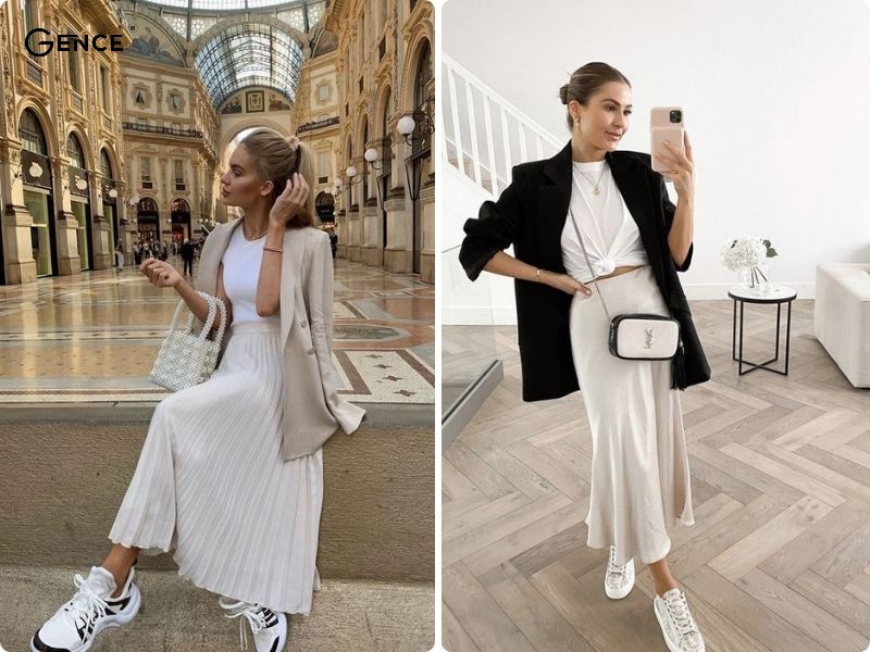 Phối blazer cùng chân váy trắng dài đi làm, đi chơi