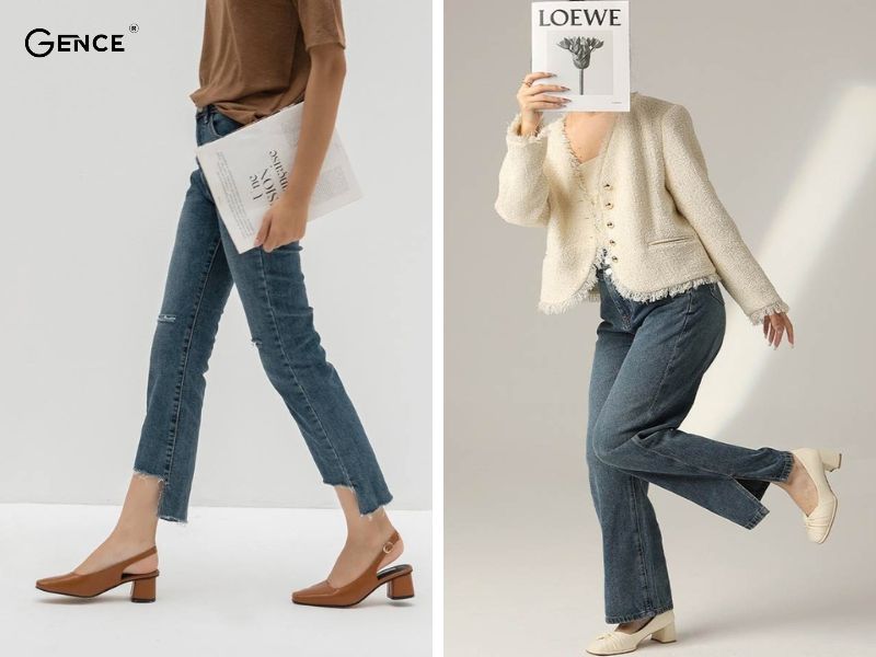 Quần jean và giày cao gót đế vuông không thể thiếu