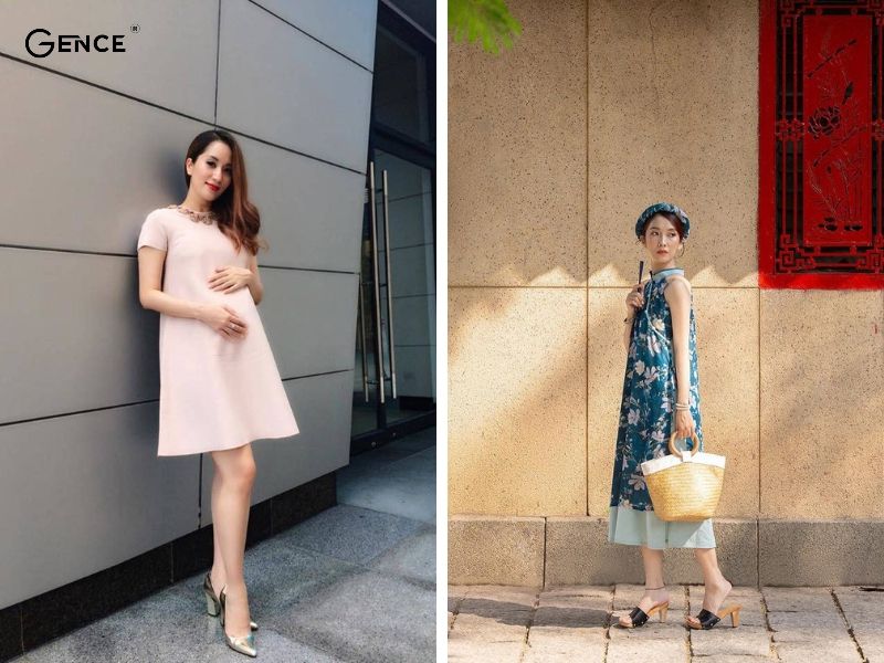 Váy suông đơn giản mix cùng giày nữ đế vuông cao gót