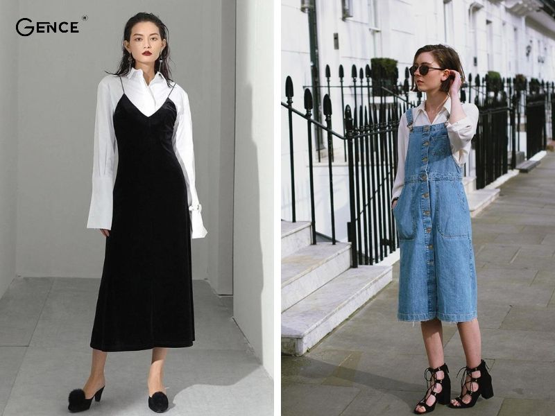 Diện váy yếm jean dài cùng áo sơ mi