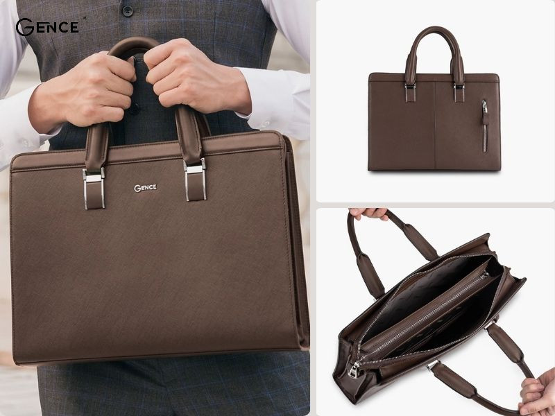 CDX14 màu nâu da bò Saffiano phối cùng áo gile, quần âu và áo sơ mi