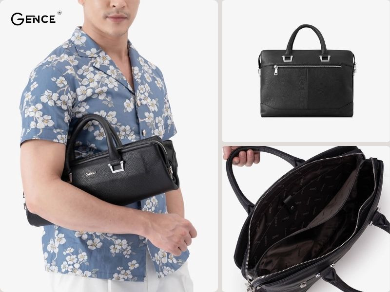 GCE14 màu đen da bò Mill phối cùng áo sơ mi họa tiết và quần âu trắng