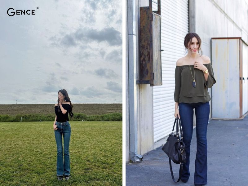 Mix ống loe với áo trễ vai