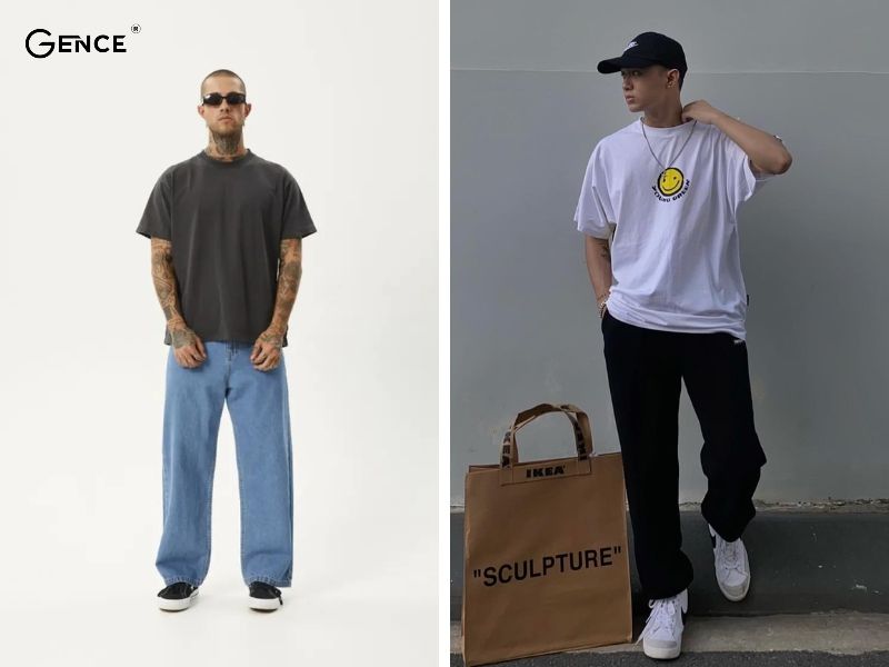 Quần ống rộng phối với áo phông