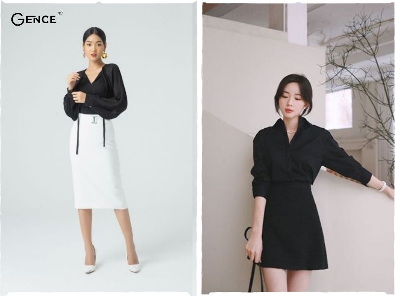 Chân váy chữ A phối cùng áo sơ mi nữ đen