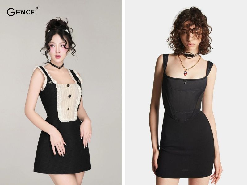 Váy cổ vuông làm nổi bật vòng choker