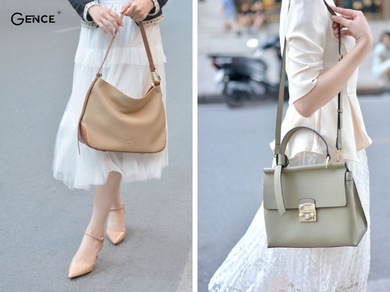 Chọn túi xách cho phụ nữ trung niên dáng người gầy màu sáng, túi nhỏ