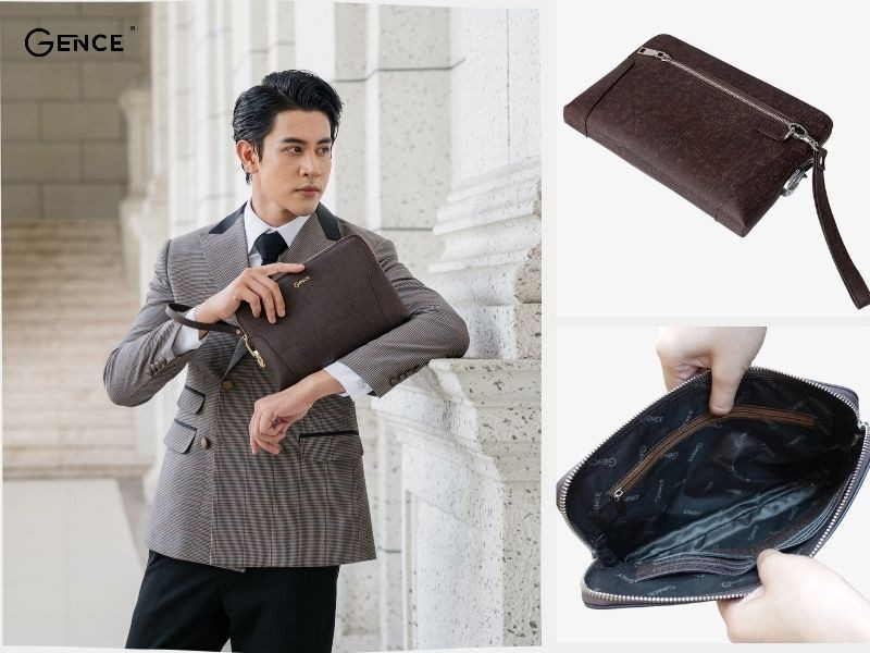 CK11 màu chà nâu da bò Saffiano có thể đeo xỏ cổ tay