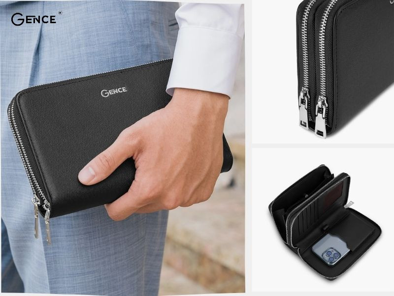 HT21 màu đen - clutch 2 khóa da bò Taiga