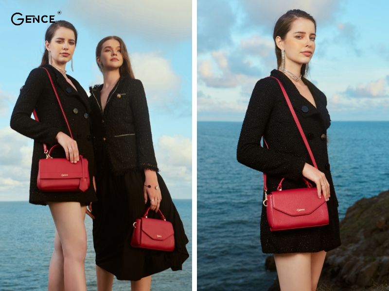 Nổi bật cùng set đồ váy đen và túi xách đỏ