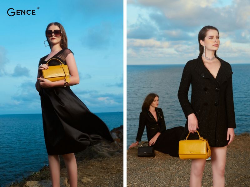 Túi xách màu vàng diện cùng đầm đen sang trọng 
