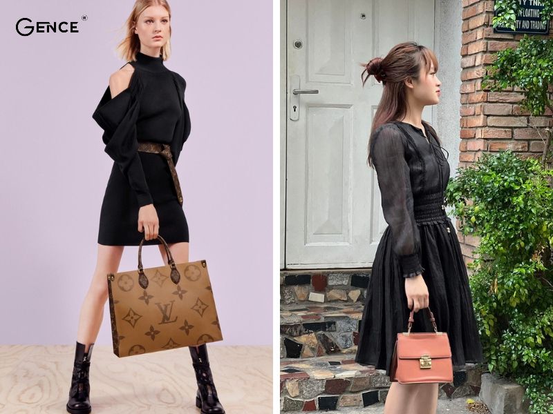 Thanh lịch khi kết hợp váy đen với túi xách màu nâu