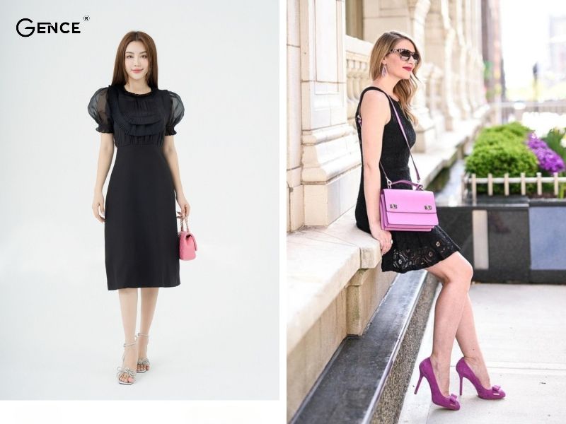 Phối đồ đầm đen cùng túi xách màu hồng phấn