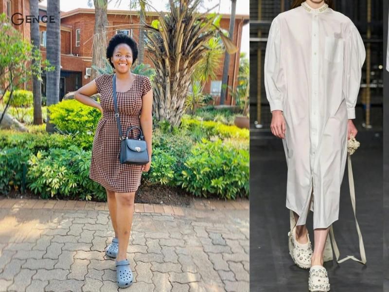 Đầm sơ mi phối cùng dép crocs cho nữ