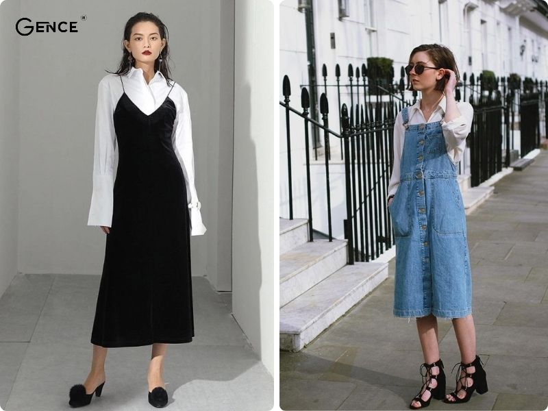 Đầm yếm nữ tính phối cùng áo sơ mi nữ