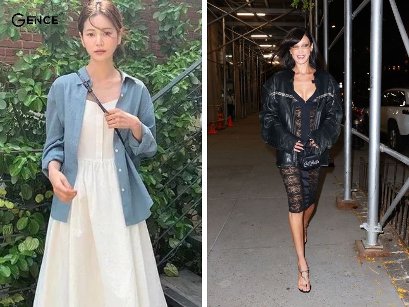 Váy hai dây khoác với áo sơ mi khoác ngoài