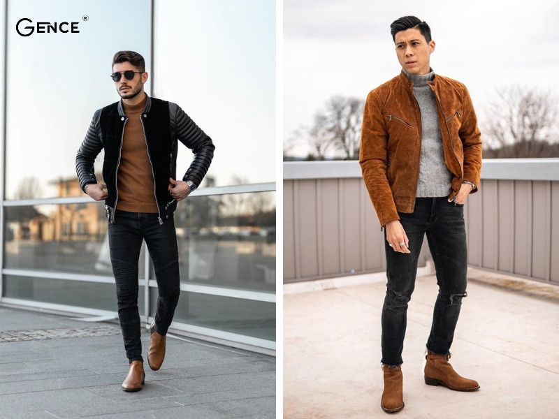 Kết hợp boot cổ cao cùng áo bomber da lộn phá cách