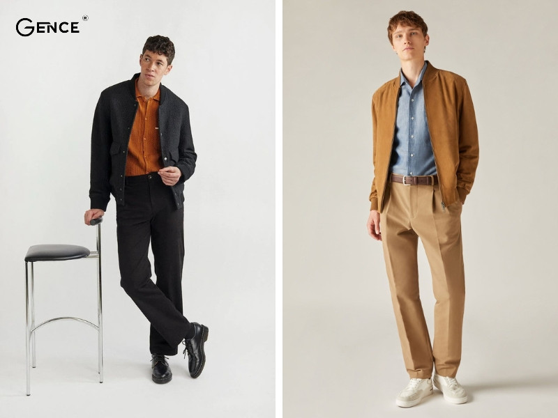 Quần âu, sơ mi phối cùng áo khoác bomber da lộn