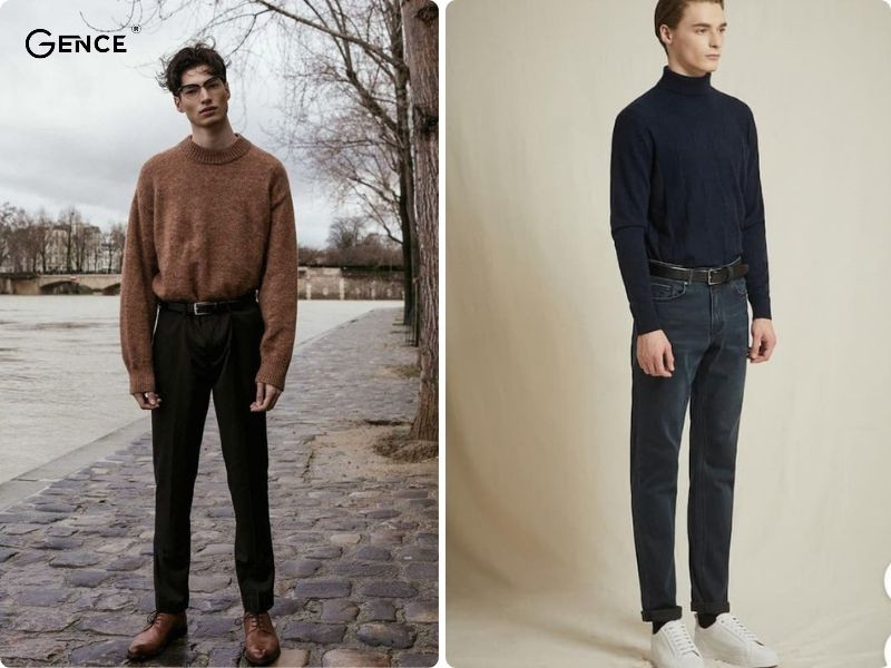 Sử dụng thắt lưng nam trong outfit phối đồ với áo len nam