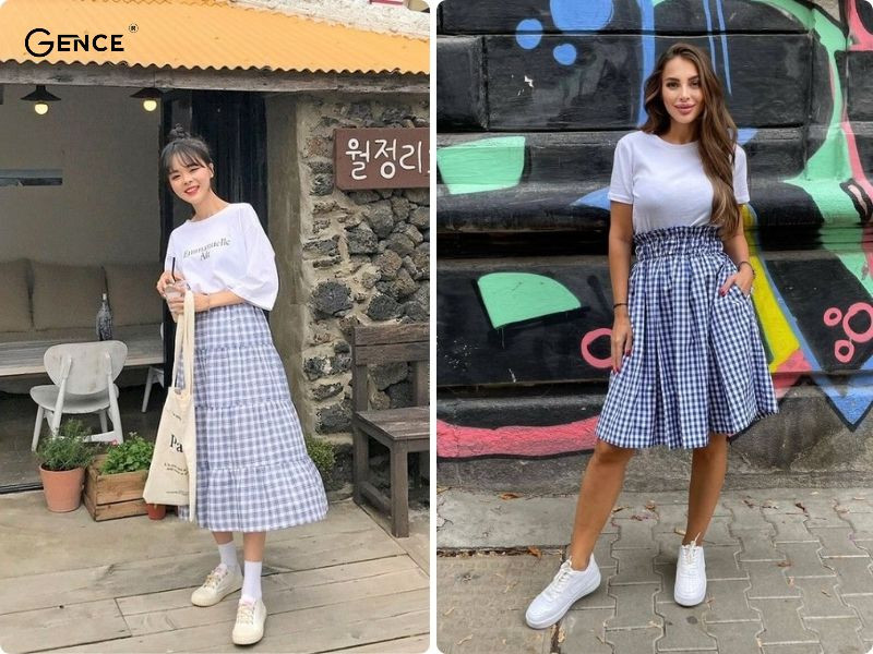 Diện đồ phong cách Preppy cùng chân váy caro xanh và áo thun trắng