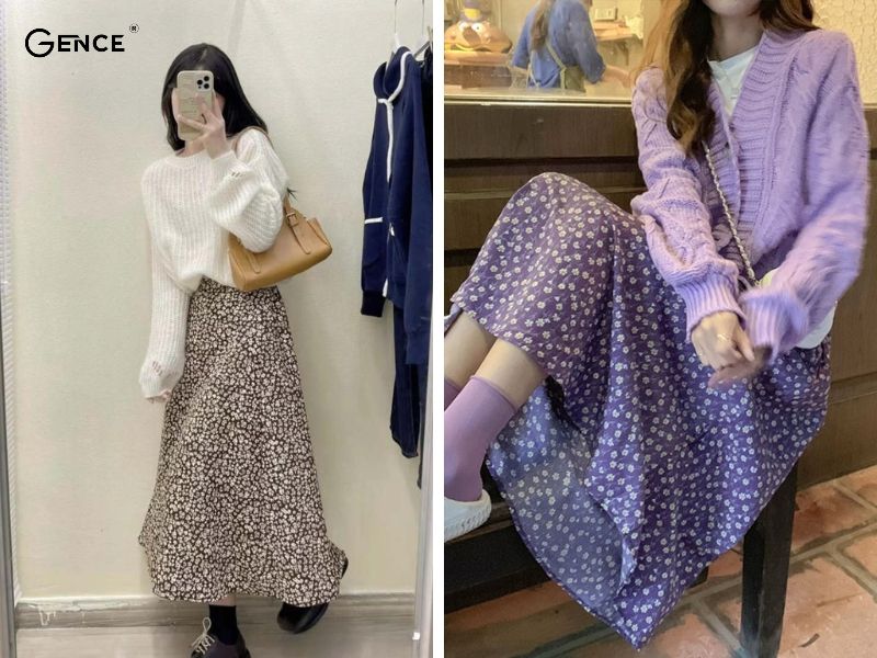 Mix-match váy hoa nhí cùng áo jumper