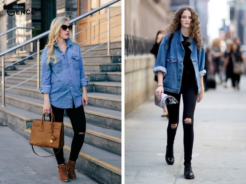 Kết hợp áo denim với quần jean đen nữ