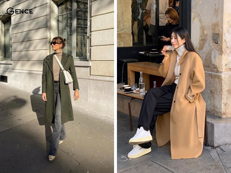 Kết hợp áo khoác dạ dài với áo len cổ lọ nữ