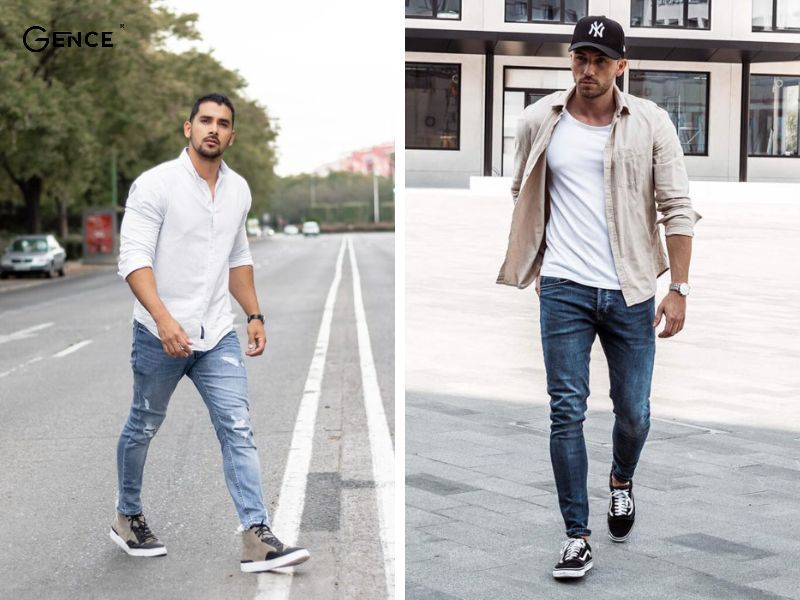 Kết hợp giày sneaker nam cùng áo sơ mi và quần jeans