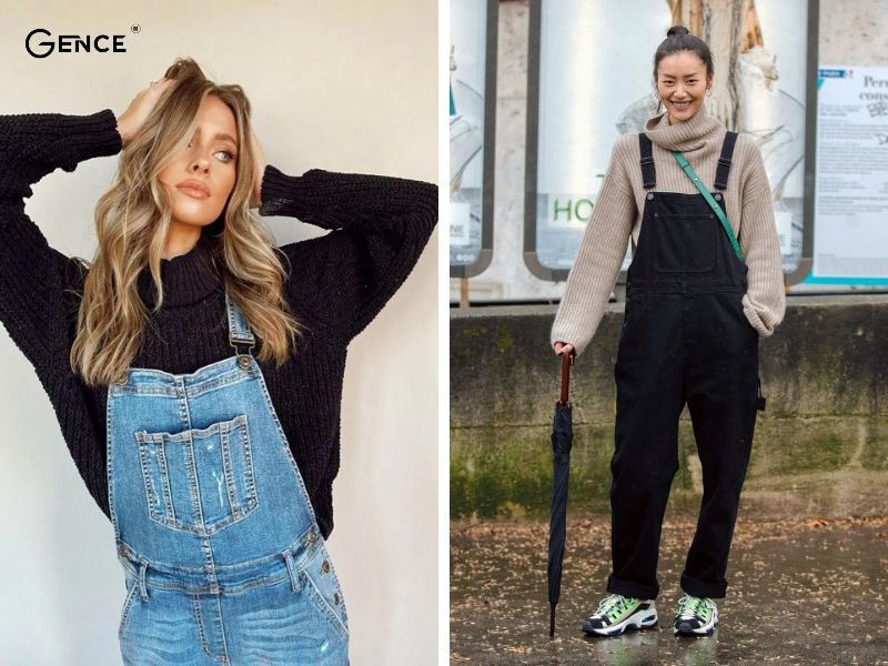 Kết hợp yếm jean với áo len cổ lọ