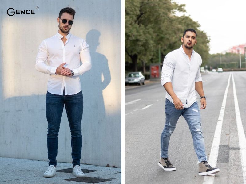 Mặc áo sơ mi, quần jean