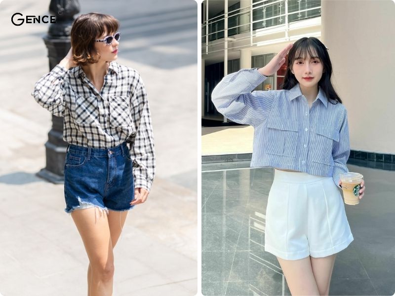 Mặc quần short, áo sơ mi kẻ nữ ấn tượng