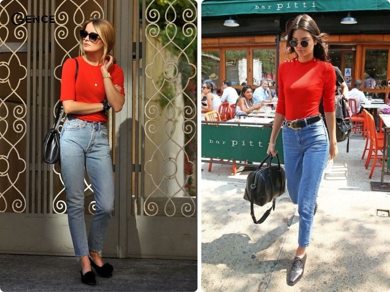 Phối áo màu cam với quần jean năng động