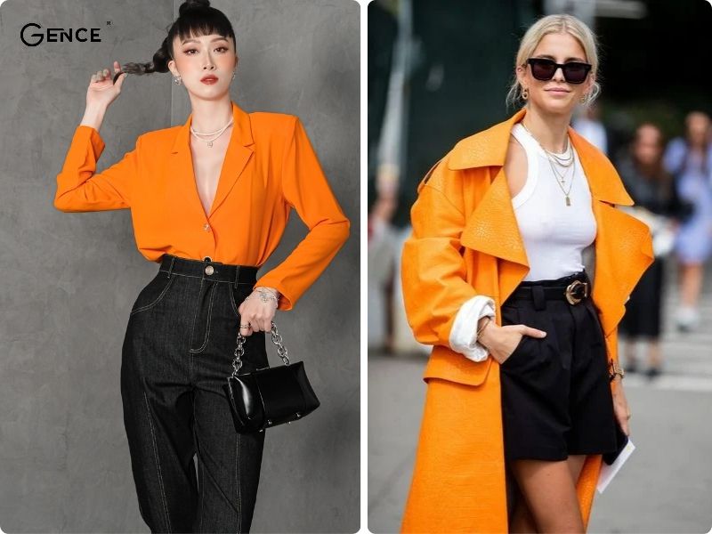 Áo màu cam phối quần màu đen cá tính, huyền bí