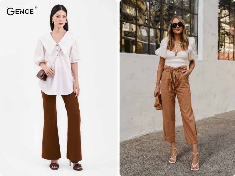 Phối nâu với trắng làm nổi bật bộ trang phục