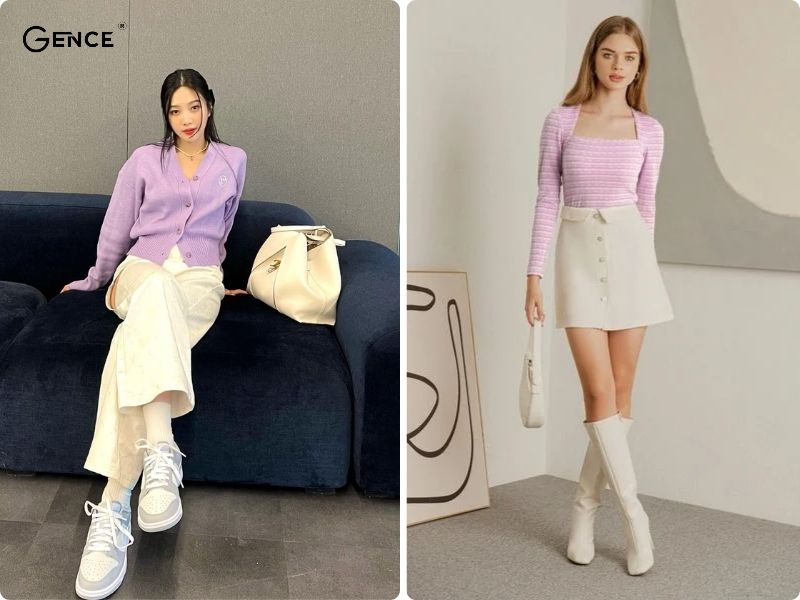 Phối màu be cùng màu tím trong thời trang thể hiện sự nhẹ nhàng