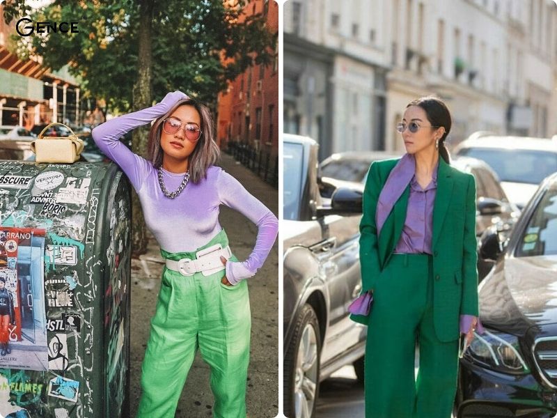 Sự kết hợp màu tím với màu xanh lá trong thời trang