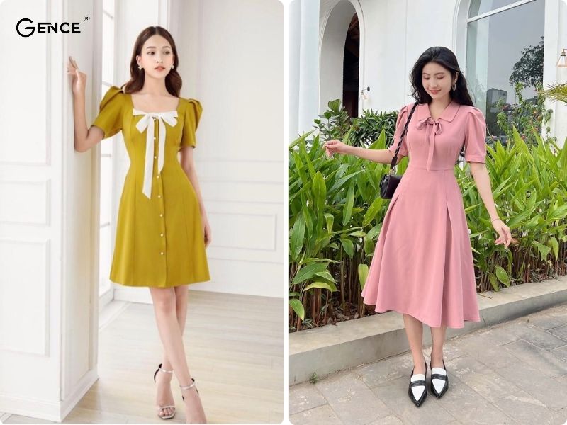 Đầm xòe tay lỡ họa tiết nơ trang trí nữ tính