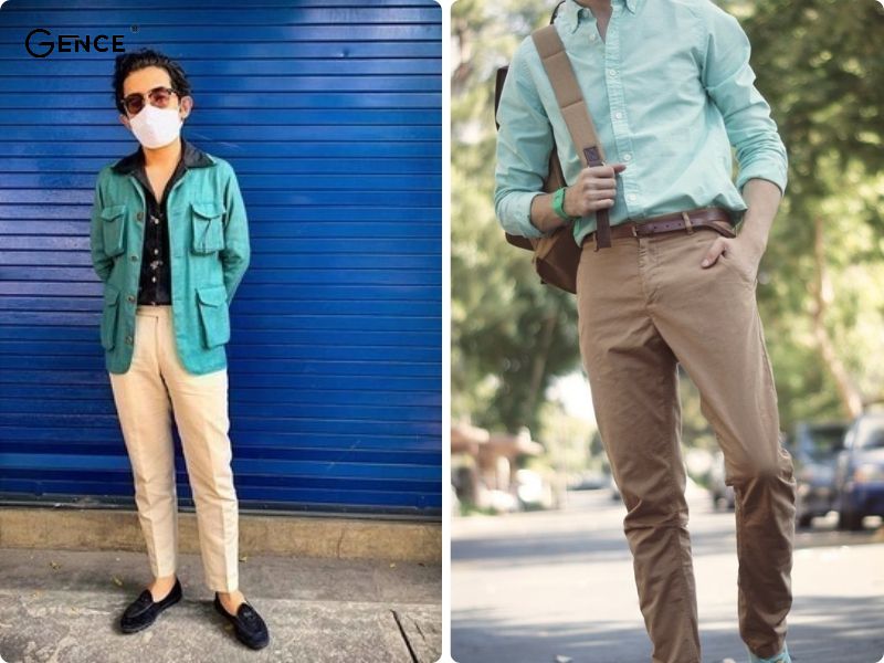 Kết hợp màu be cùng màu xanh ngọc trên cùng bộ trang phục