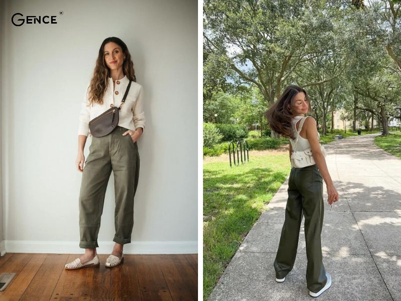 Quần xanh rêu phối với áo màu đen, trắng và nâu thời trang, năng động