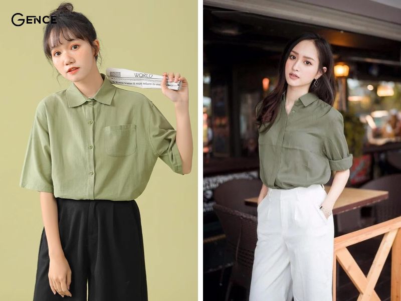 Áo xanh rêu phối với quần màu trung tính nổi bật và thời trang