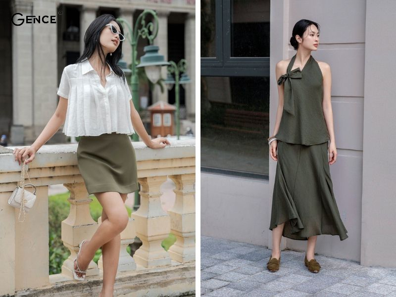 Chân váy xanh rêu phối cùng áo màu đa sắc tạo sự ấn tượng