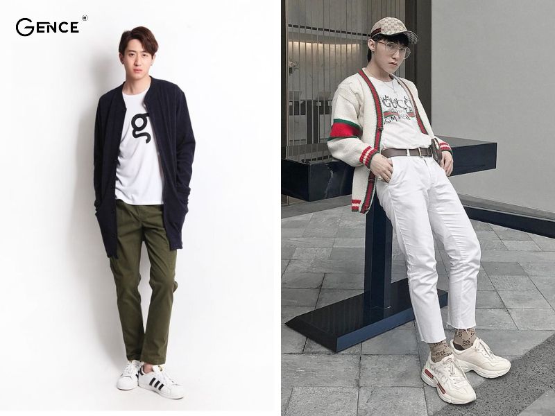 Mix áo cardigan cùng giày trắng cho nam