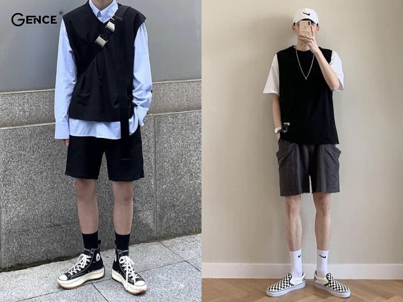 Mix áo gile nam cùng quần lửng và giày thể thao trẻ năng động