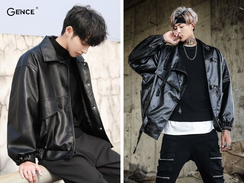 Mix áo khoác da màu đen cùng quần freestyle